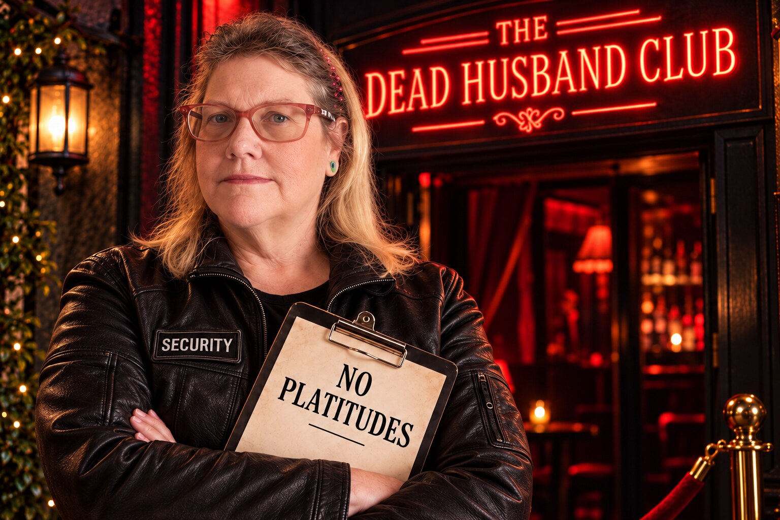 Anne in a black leather security jacket guarding the entrance to the Dead Husband Club with a No Platitudes clipboard